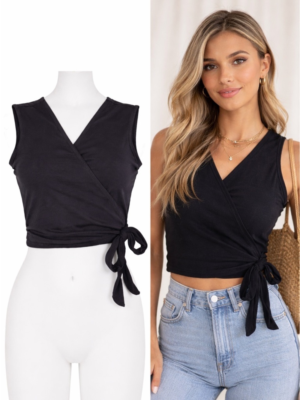 Showpo Black | Wrap Crop Top | Sleeveless | Cotton Blend | Size US 4 (AU 8)